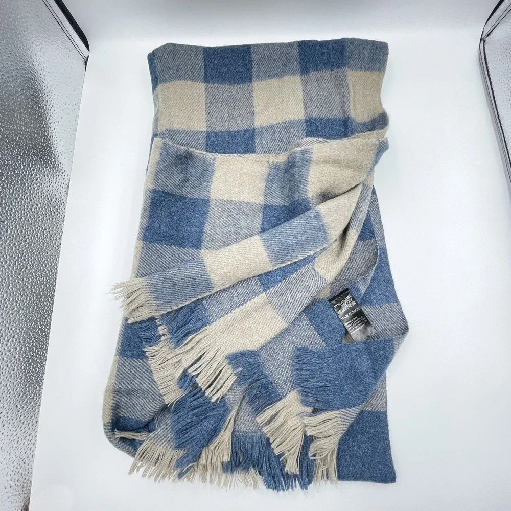 Unisex Fringe Scarf Blue Beige Viscose Plaid Long Rectangular 82 X 24.5 Inches